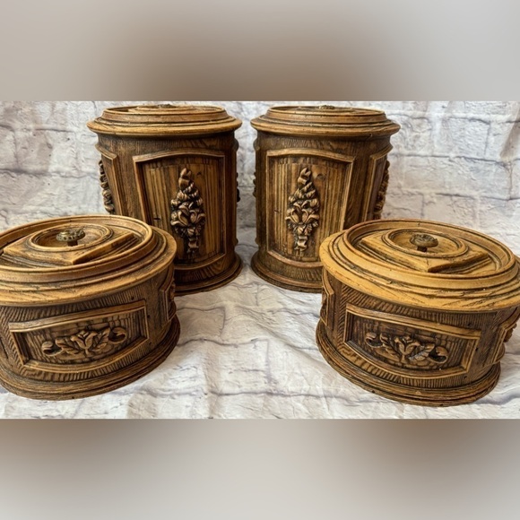 Vintage 4 Piece Molded Canister Set Brentwood Faux Wood Resin Boho 70s Stackable - Picture 1 of 12